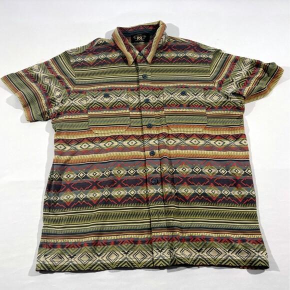 RRL Limited Mens Jacquard Knit Jersey Work Button Cotton Shirt Western Top Sz L - Picture 1 of 12